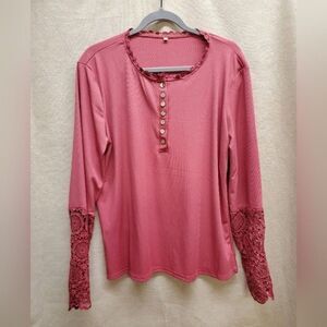 Pink Plus Size Knit Henley Top with Long Lace Sleeves XXL